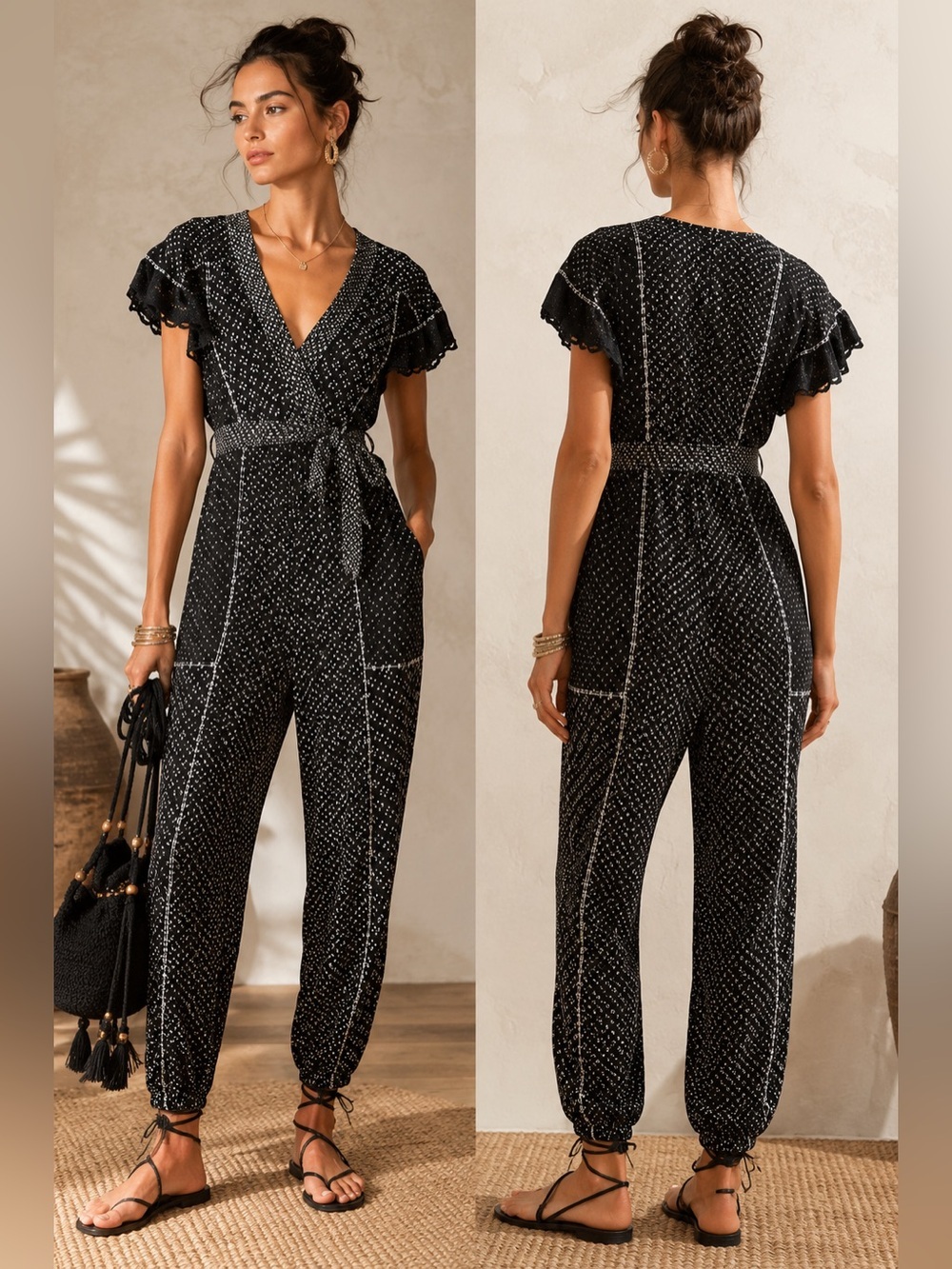 Ulla Johnson Reiko Ruffle Boho Speckle Patchwork Shibori Cotton Jumpsuit 🖤 sz 0
